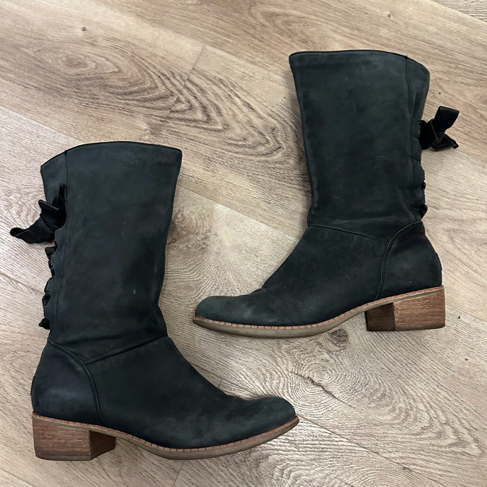 Ugg Shoes Ugg Cary Grey Nubuck Leather Back Lace Block Heel Mid Calf Boots SZ 9